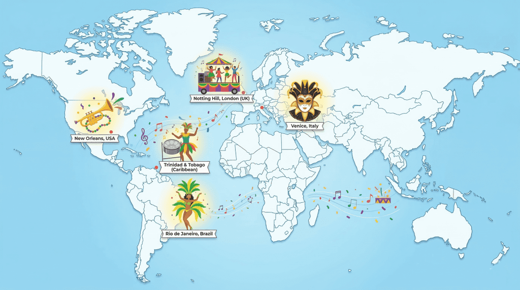 Carnival Review 2026: A Complete Guide to the World’s Greatest Festivals 2 major carnivals around the world infographic map
